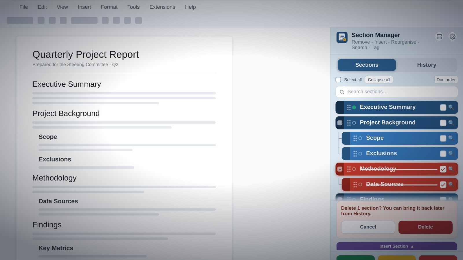 The Section Manager sidebar with two sections ticked for deletion, and the confirmation open.